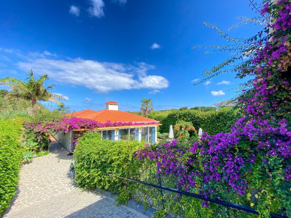 大里贝拉Casa da Ribeira Cottage的前面有紫色花的房屋