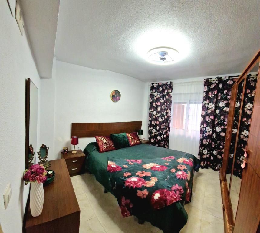阿利坎特Apartment Svetlana的一间卧室配有一张带绿色棉被的床