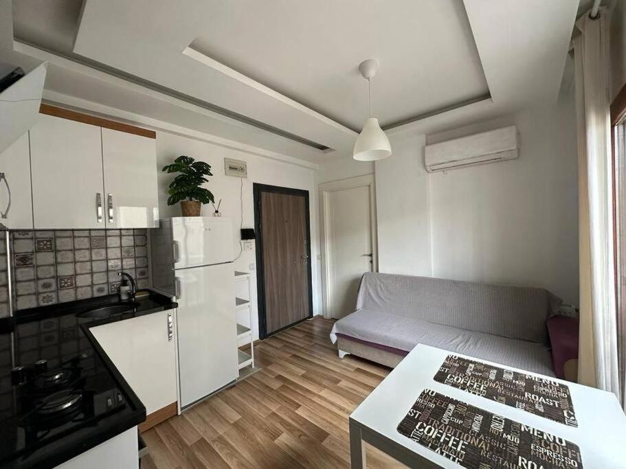 梅才特里Deniz One Bedroom Appartment的厨房以及带沙发的起居室。