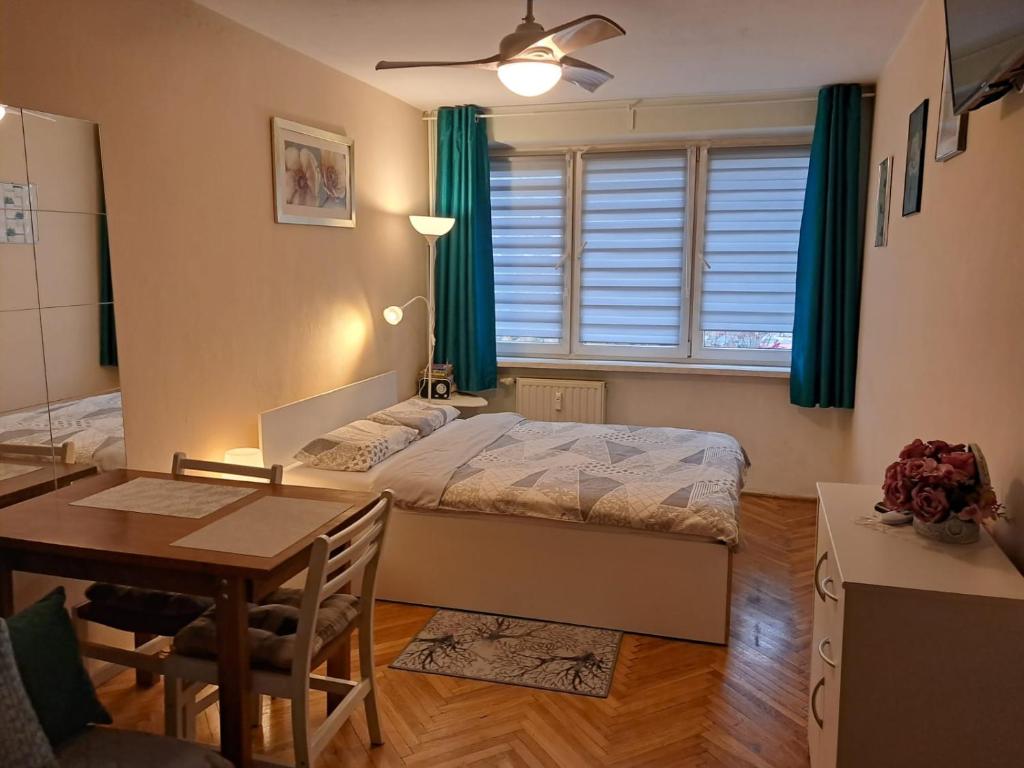 华沙Sady Flat的一间卧室配有一张床、一张桌子和一张书桌