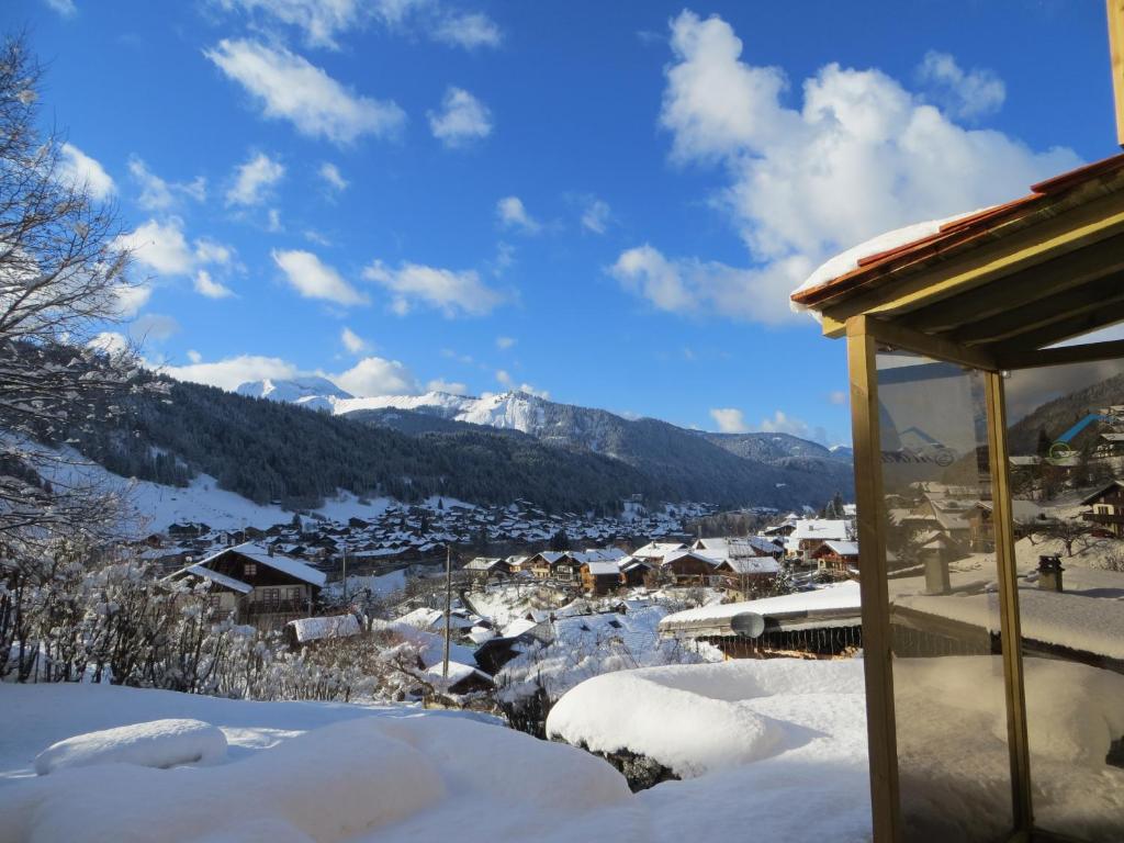 莫尔济讷Chalet Mimi的一座被雪覆盖的小镇,以群山为背景