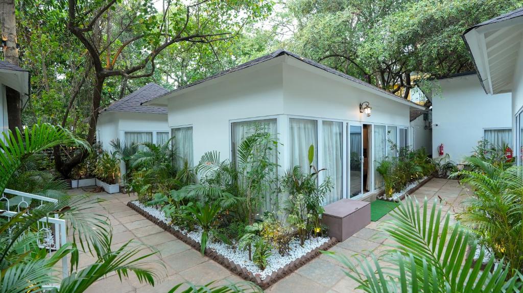 瓦加托Swimup - Suites with private pool , Vagator的前面有植物的白色房子