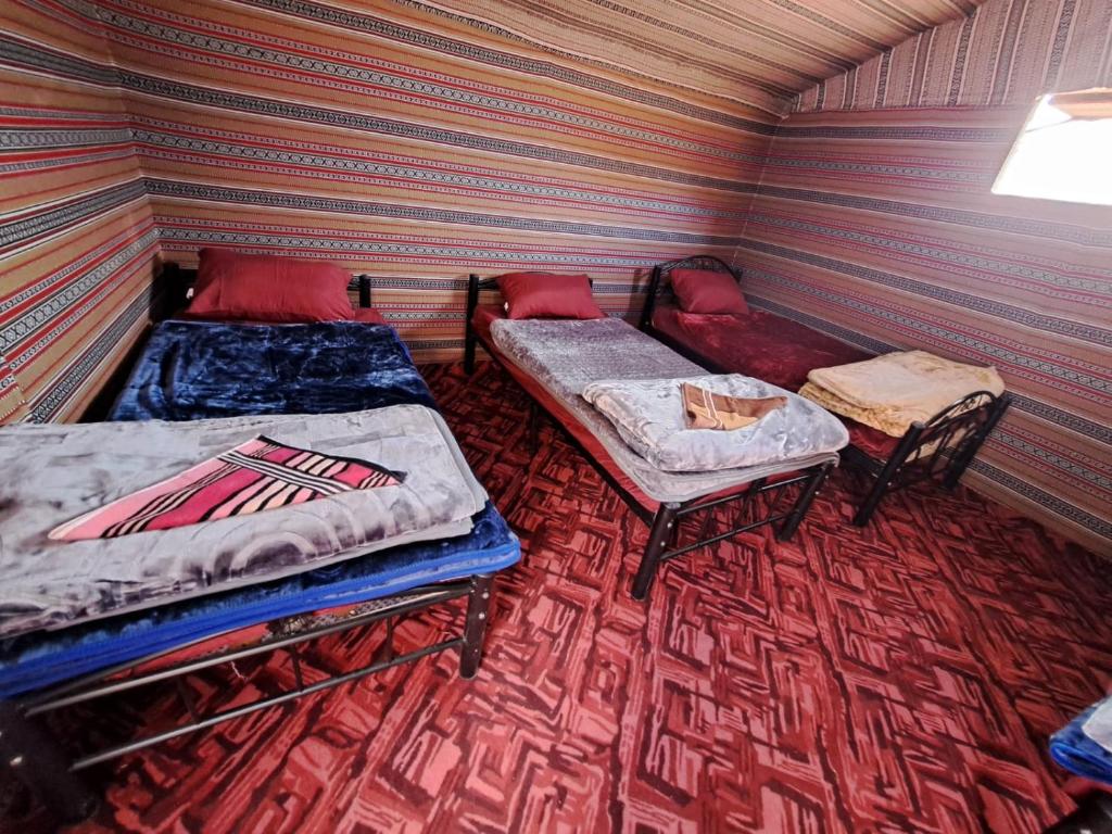 瓦迪拉姆Wadi Rum Desert Heart的一间设有两张床和两把箱子的房间