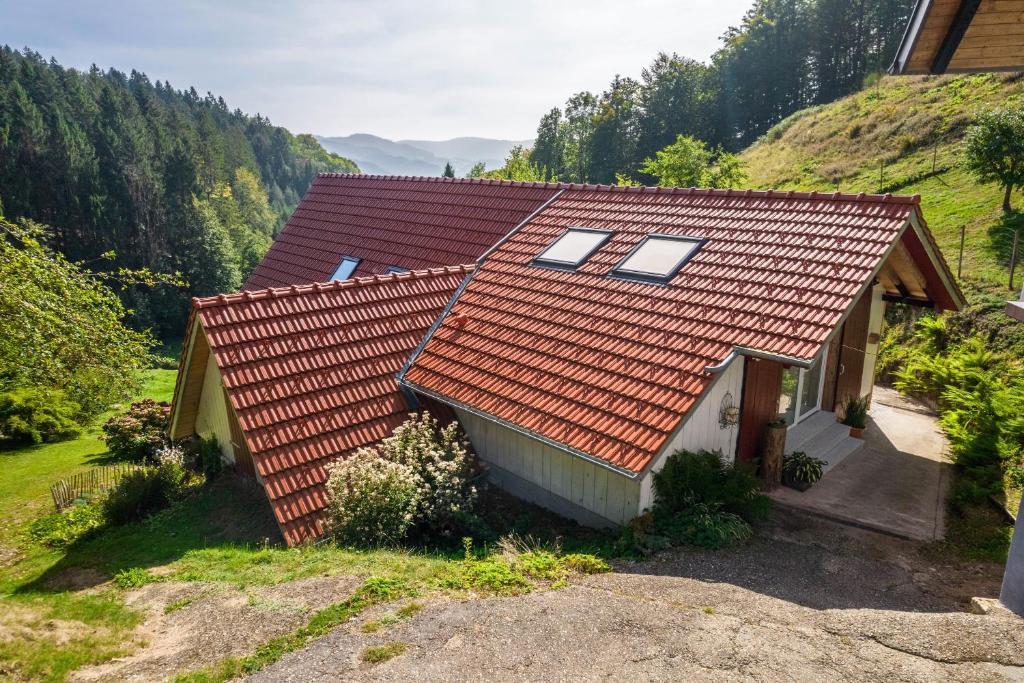 塞埃巴克Haus Wiesenruhe的山坡上带红瓦屋顶的房子
