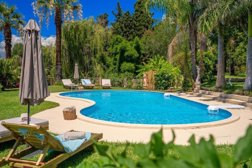 阿尔戈斯托利翁Gaia Residences with lush garden and pool的一个带遮阳伞的庭院内的游泳池