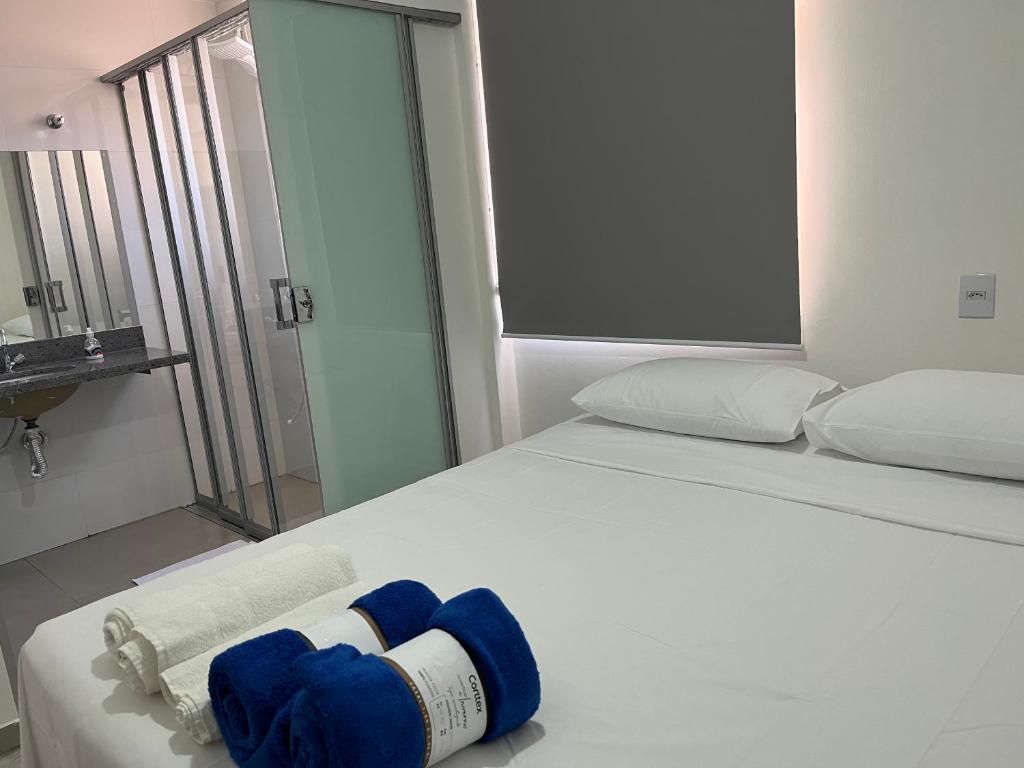 乌贝兰迪亚Apartamento em Uberlândia - Apê do Pedro的一间卧室配有一张带蓝色毛巾的床