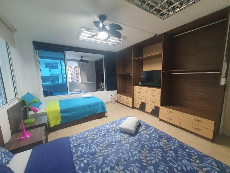 巴拿马城R-8 Amplio apartamento en zona turística.的一间卧室配有一张床、梳妆台和电视。