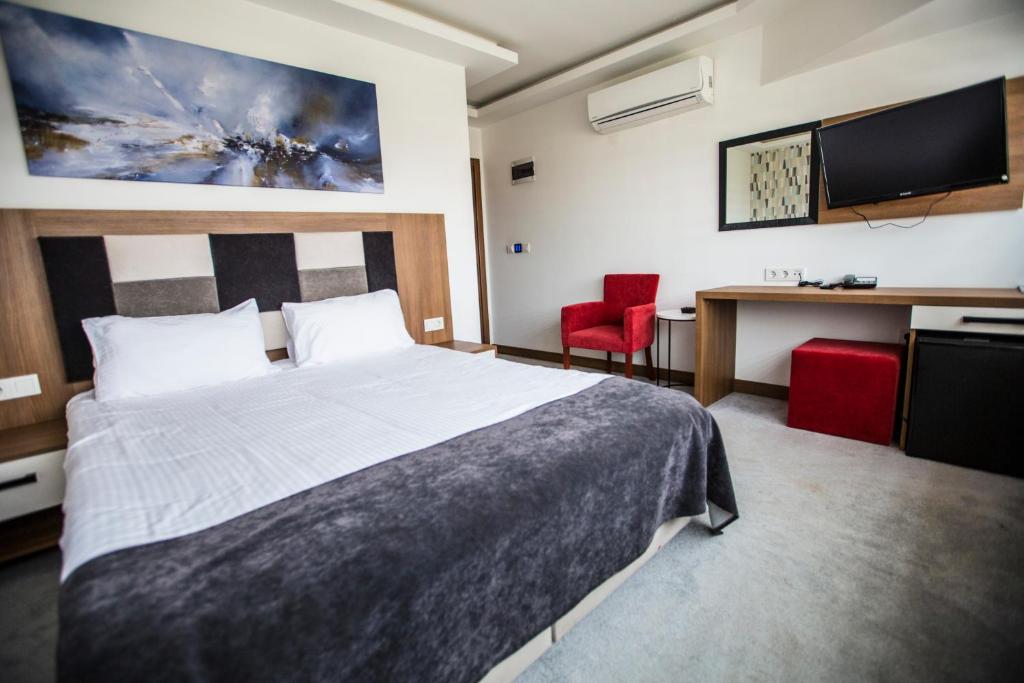 卡特佩RİVADA HOTEL的一间卧室配有一张床、一张书桌和一台电视。