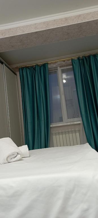 阿拉木图ЖК Молодежный的一间卧室设有一张大床和一个窗户。