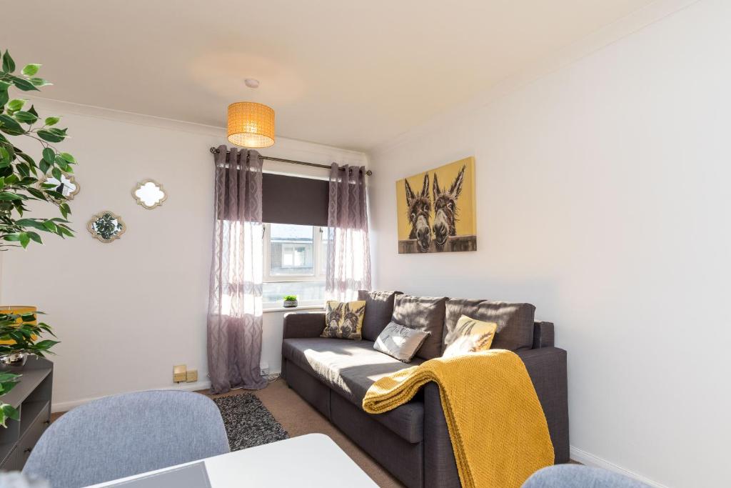 克劳利19A Apartment- Stylish & Cozy 1BR in The Heart of Crawley的带沙发和窗户的客厅