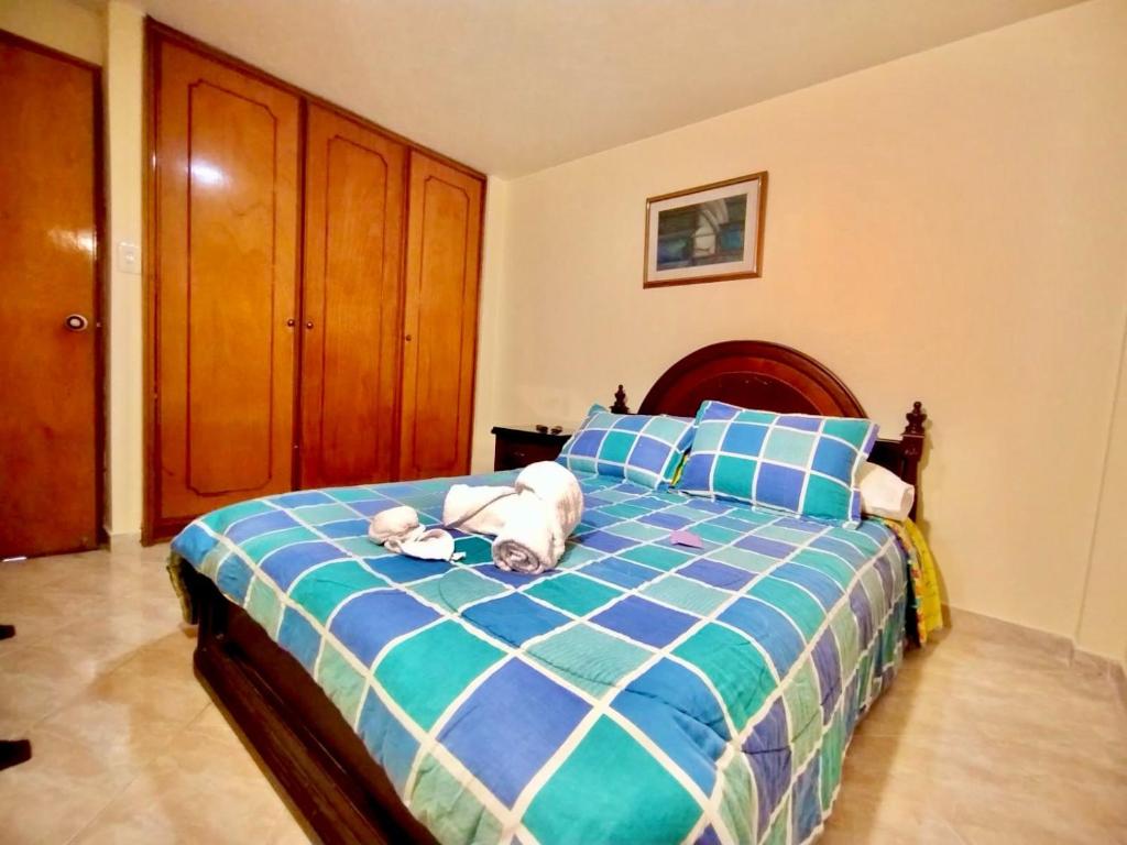 波哥大Hogar Emerawa - Corferias Bogota - Embajada Americana的狗躺在卧室的床上