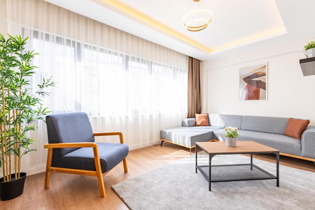 伊斯坦布尔Kiztasi Apartments-Orange and Blue的客厅配有沙发和桌子