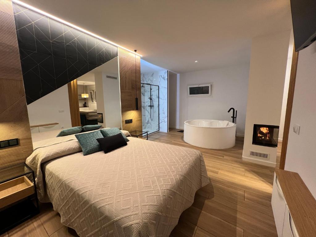 加的斯Loft luxury Mirador的一间卧室设有一张大床和一个浴缸