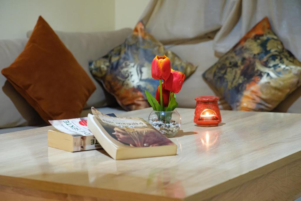 马拉喀什Simons house的一张桌子,上面有书,花,蜡烛