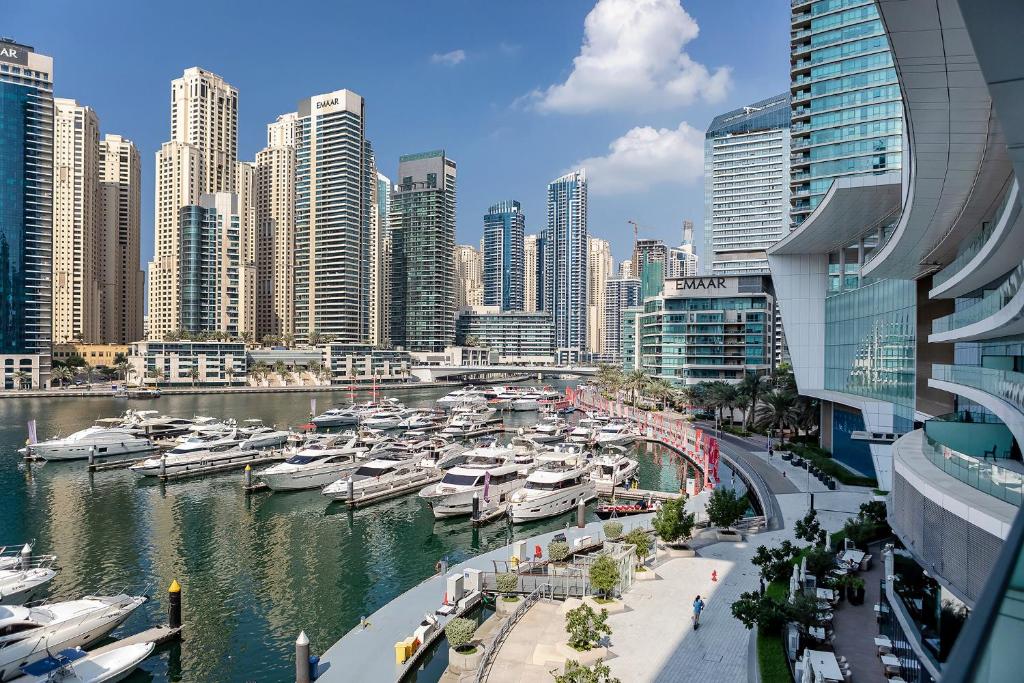 迪拜Luxurious 2BR apt with panoramic Marina view的停靠在城市港口的一群船