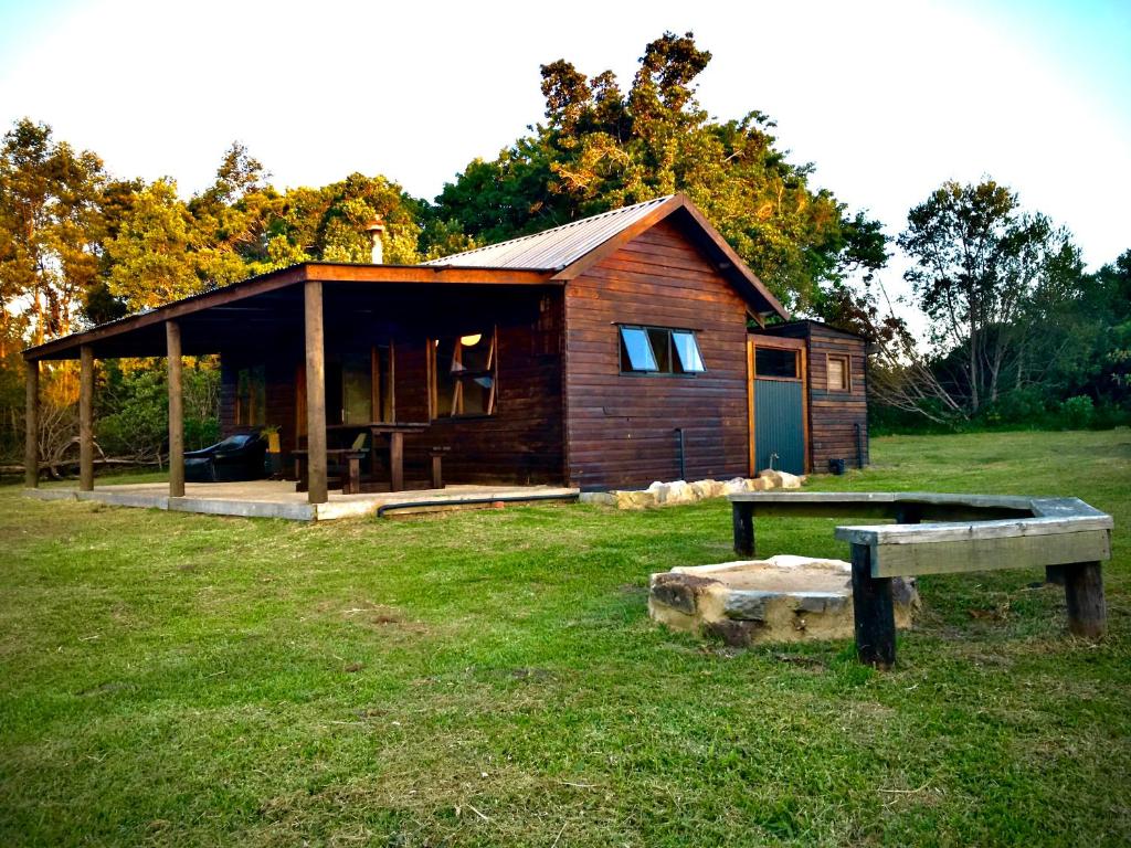 WitelsbosPura Vida Forest Cabin的小木屋前面设有长凳