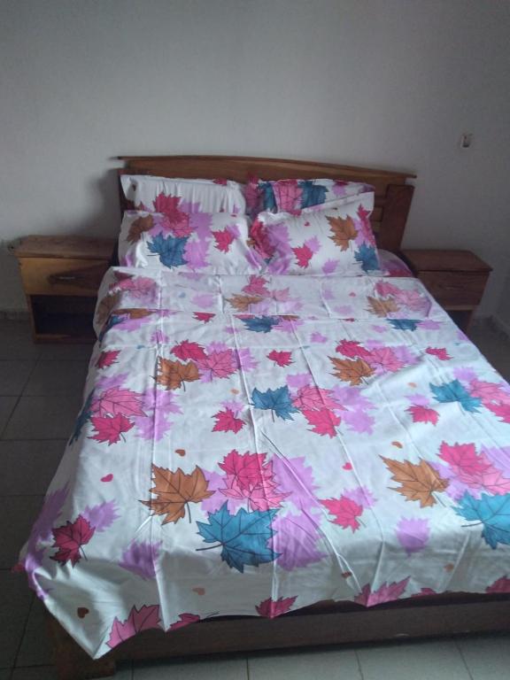 巴马科Le Tounkaranké résidence de Fasso Kanu - Villa-的卧室内的一张带花卉棉被的床