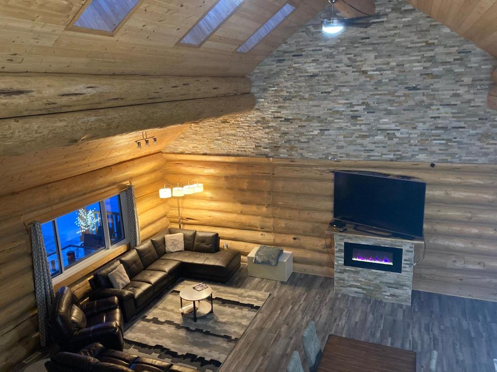 维勒蒙特Cougar Mountain Cabin Rentals的客厅享有高空的景色,配有沙发和电视