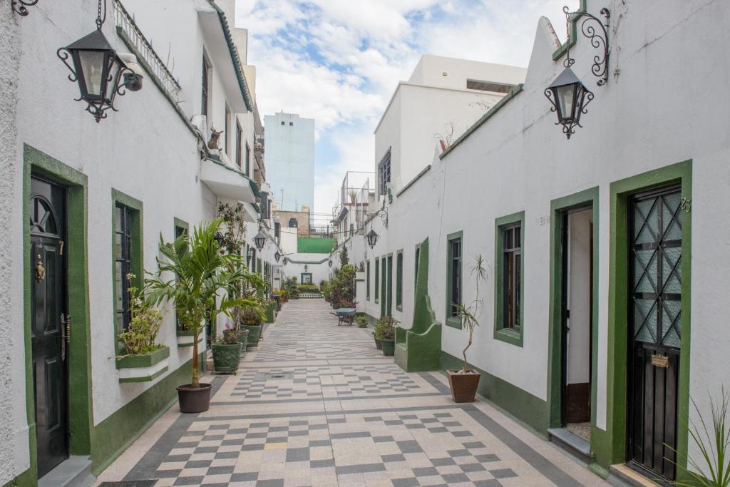 墨西哥城Charming House at Roma的一条有白色建筑和盆栽植物的小巷