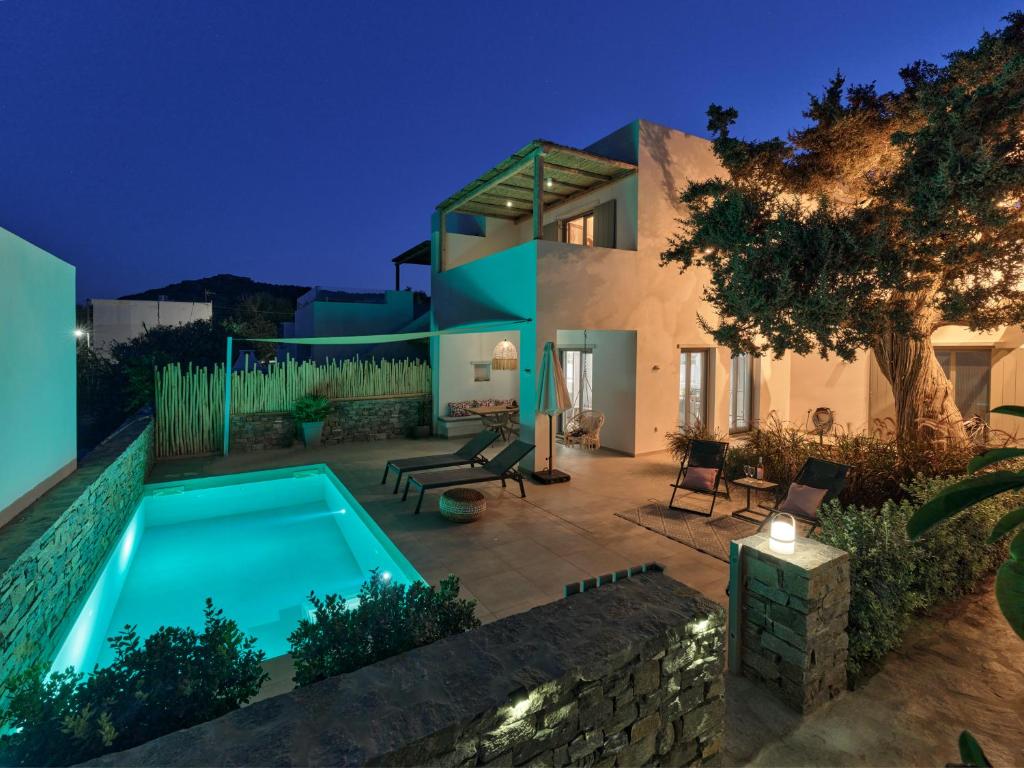 莫罗斯帕罗Private Luxury Scarlet beachfront villa, Molos, Paros的夜间带游泳池的别墅