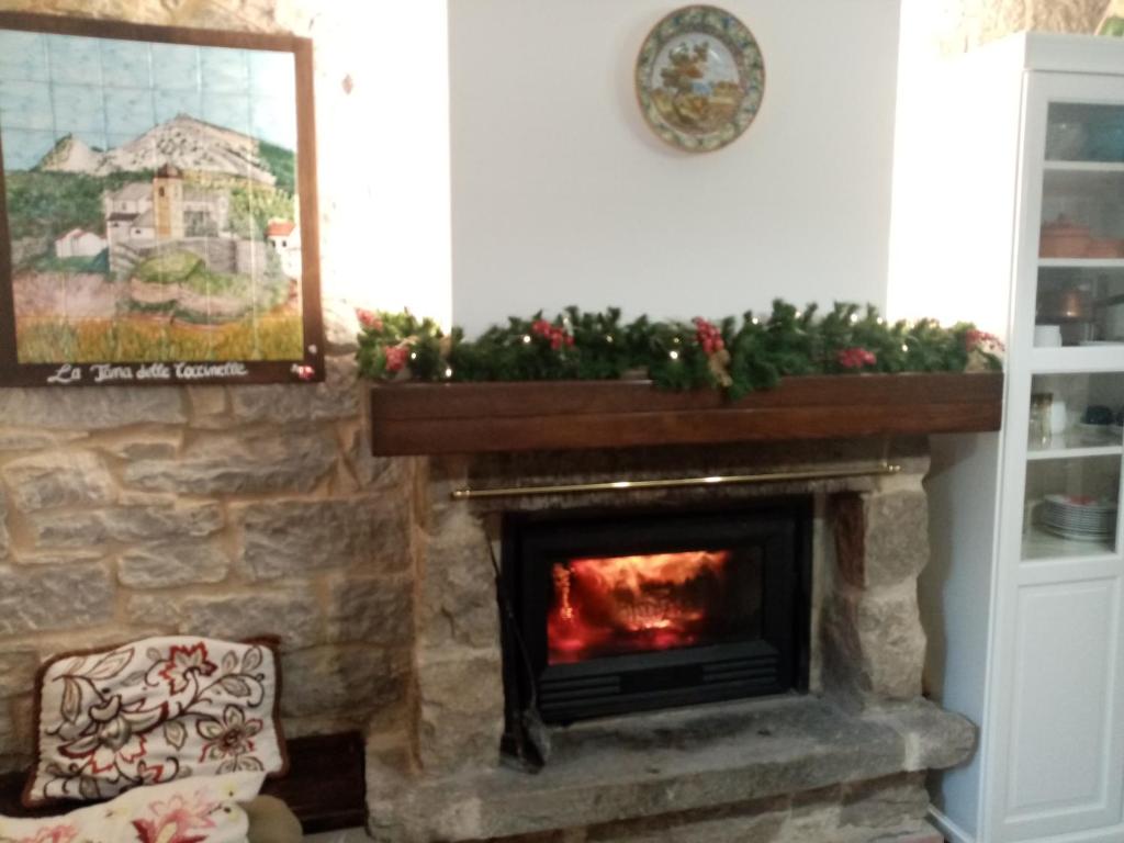 卡普拉科塔La tana delle coccinelle的客厅设有壁炉,拥有圣诞装饰