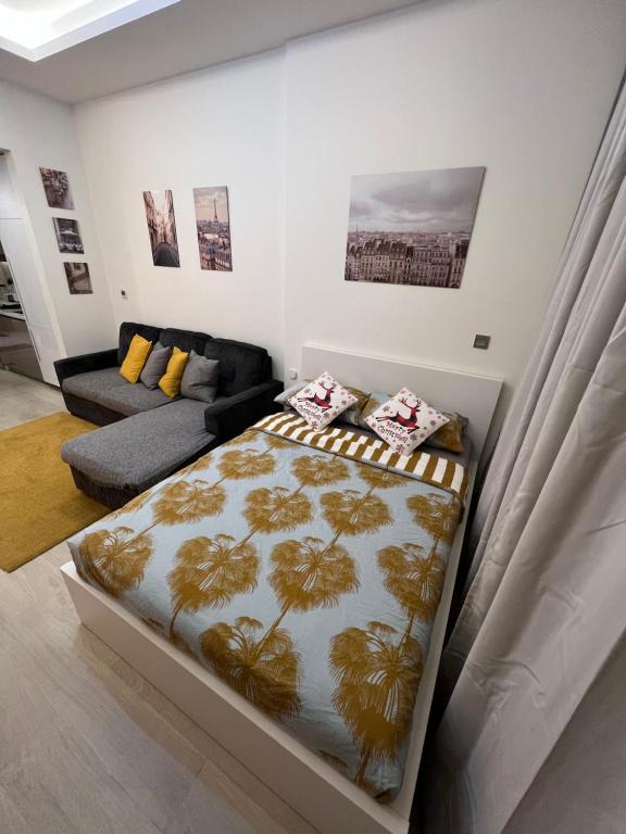 迪拜Modern Studio Center of Dubai的一间卧室配有一张床和一张沙发