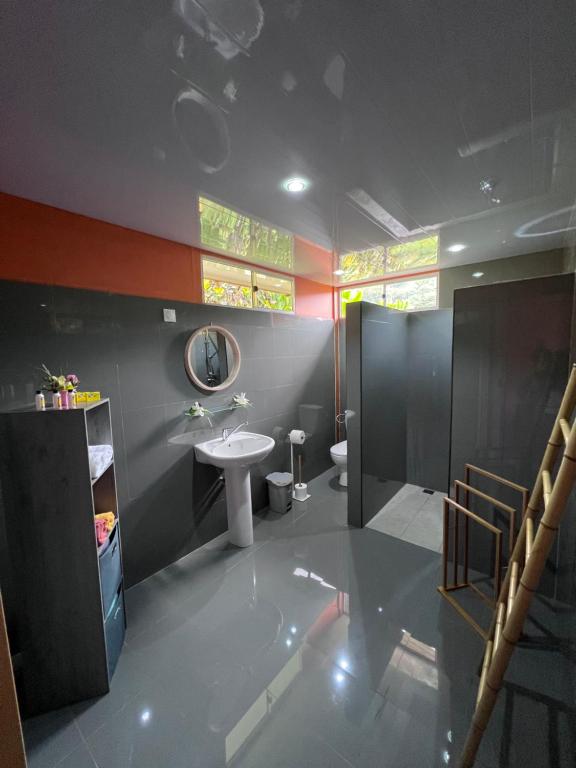 乌图罗阿Rupe Rupe Lodge的一间带水槽和镜子的浴室