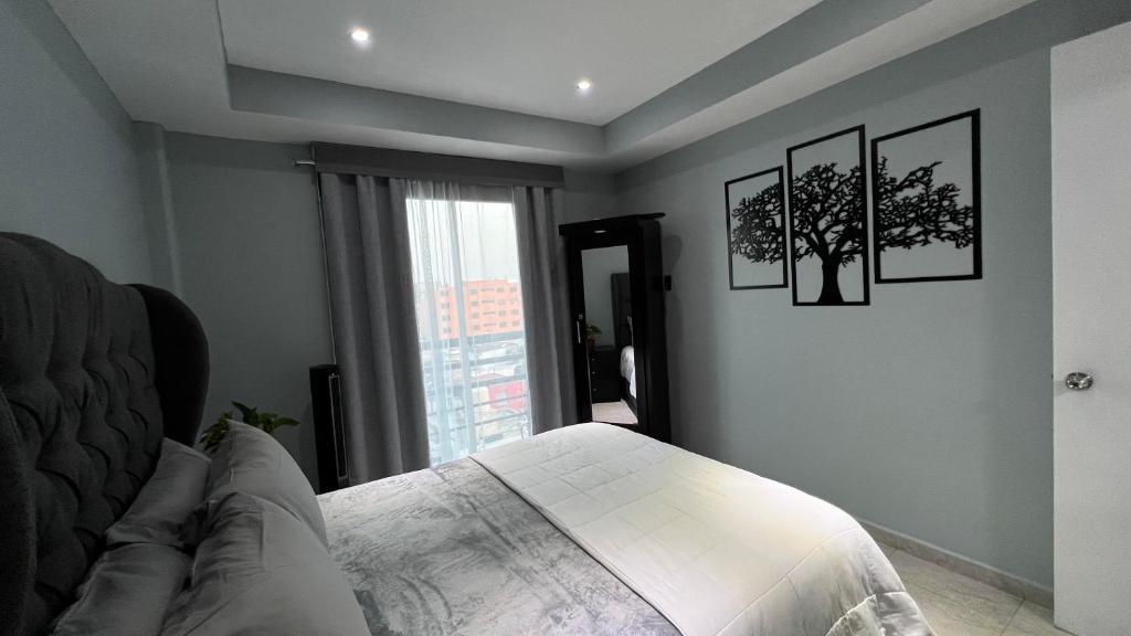 墨西哥城Private Penthouse / Penthouse Privado的卧室配有一张墙上有两张照片的床。
