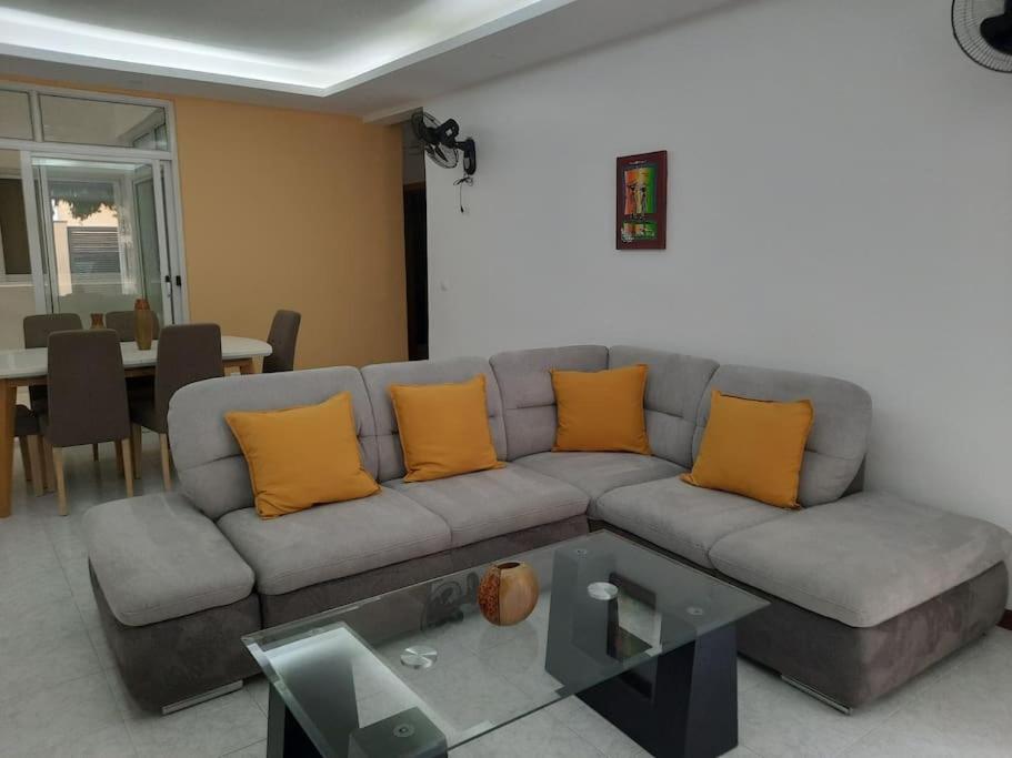 普拉亚Isa House - 2 Room Apartament的客厅配有带橙色枕头的灰色沙发