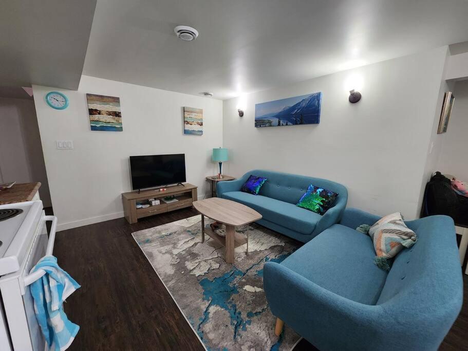萨斯卡通TheAuroras: Vibrant&Cheerful 2 bdrm Stylish suite的客厅配有蓝色的沙发和电视