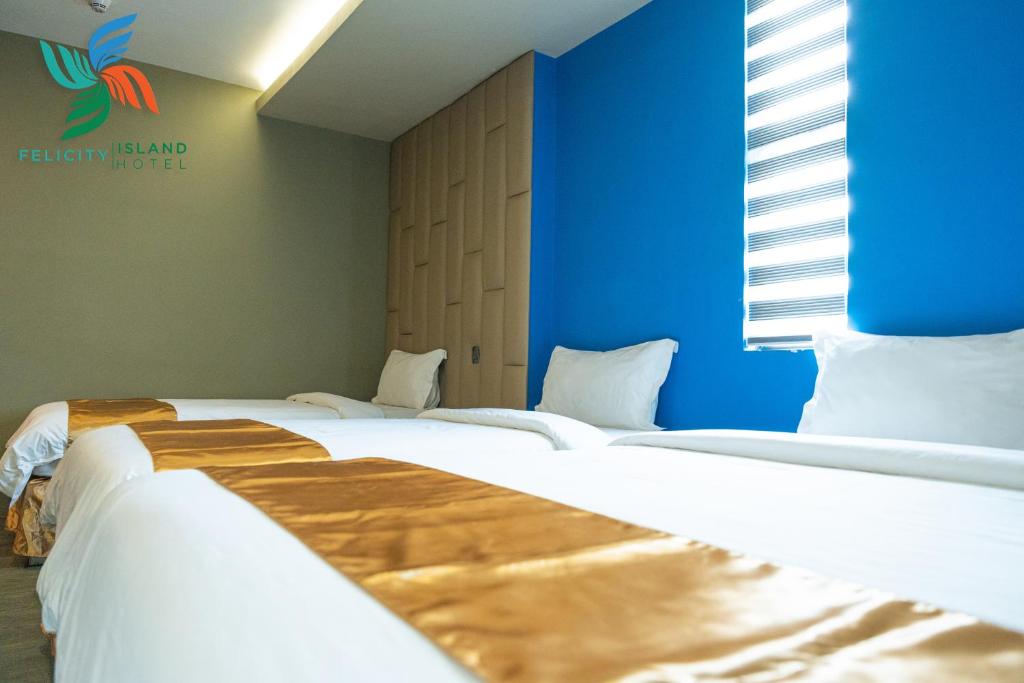 麦克坦Felicity Island Hotel的一间设有两张床和蓝色墙壁的客房