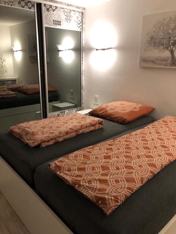 普福尔茨海姆Wunderschönes 2 Zimmer Apartment Zentrum Goldstadt的一间卧室配有两张床和镜子
