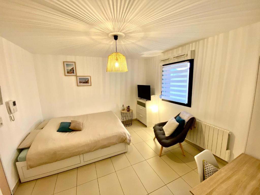 岩尼维利Le Cocon des Thermes Amneville Metz Luxembourg的卧室配有1张床、1张桌子和1把椅子