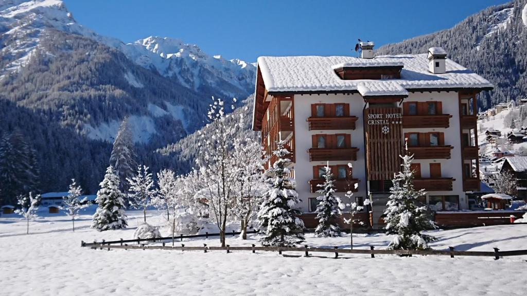 法尔西德Sport Hotel Cristal的一座有树木和山脉的雪地建筑