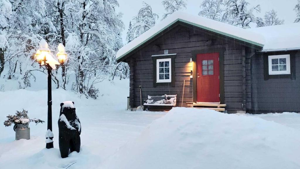菲奈斯达伦Messlingen 412, Funäsdalen的雪中带红门的小木屋