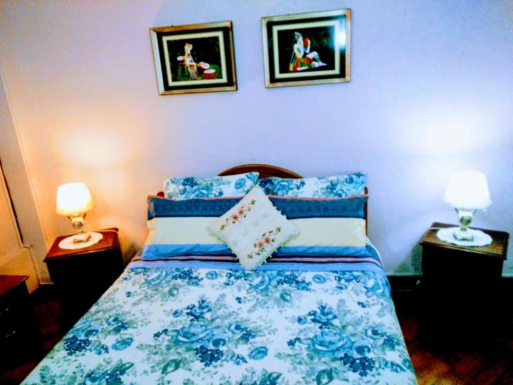 瓦尔帕莱索the scandinavian的一间卧室配有一张带两盏灯的蓝色和白色的床。