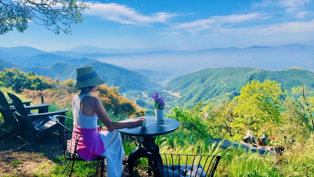 Crestline100 Mile View-Fire Pit, Romantic, Peaceful, Private的坐在桌子上欣赏山景的女人