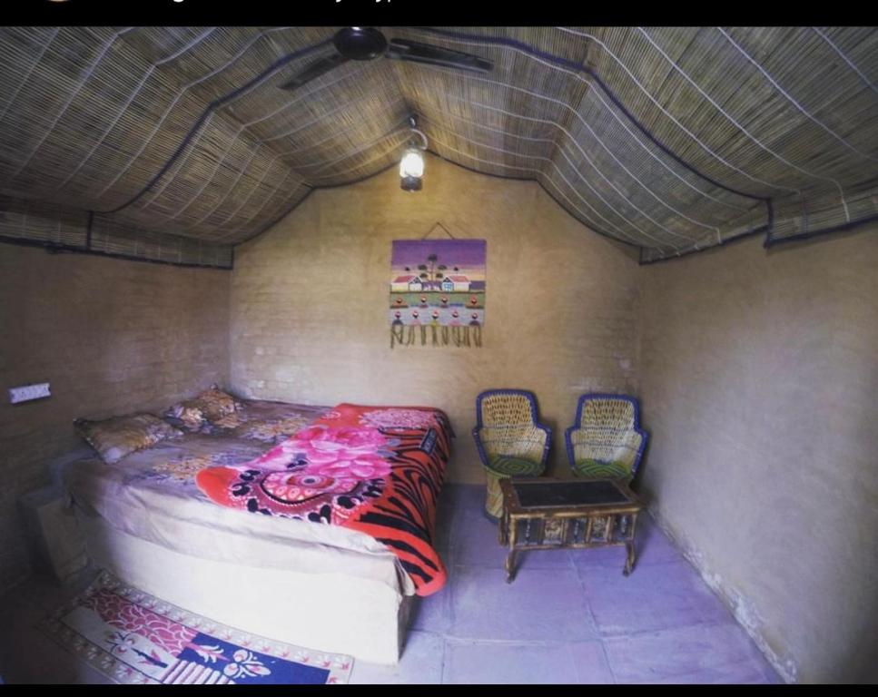 阿格拉Backpackers Village Agra的一间卧室,卧室内配有一张床和两把椅子