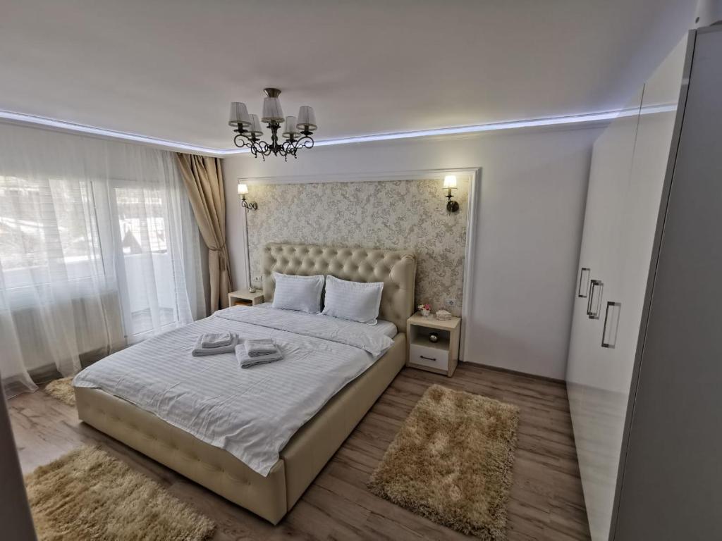 特尔古奥克纳Apartament Gold Luxury的一间卧室配有一张大床和一个吊灯。