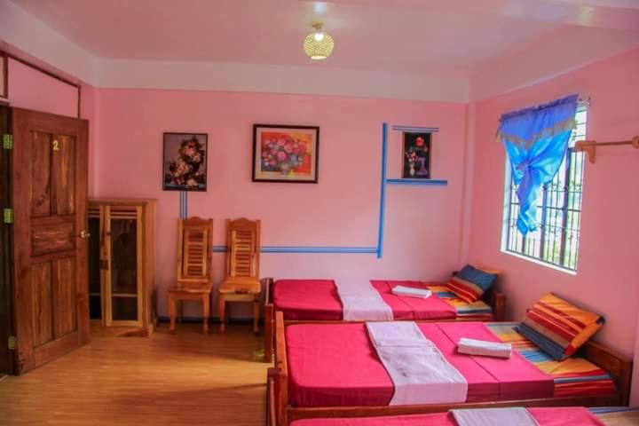 巴纳韦Banaue Evergreen Hostel and Restaurant的一间设有四张床的客房,房间拥有粉红色的墙壁