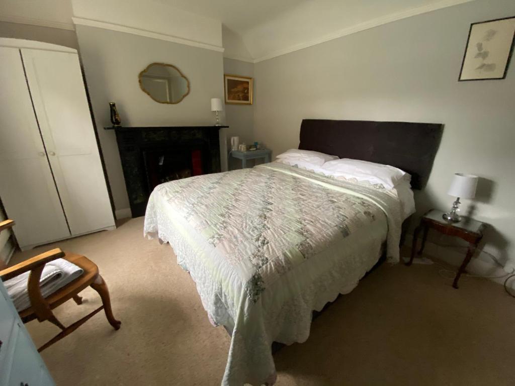 Dersingham圣裘德住宿加早餐旅馆的一间卧室设有一张大床和一个壁炉