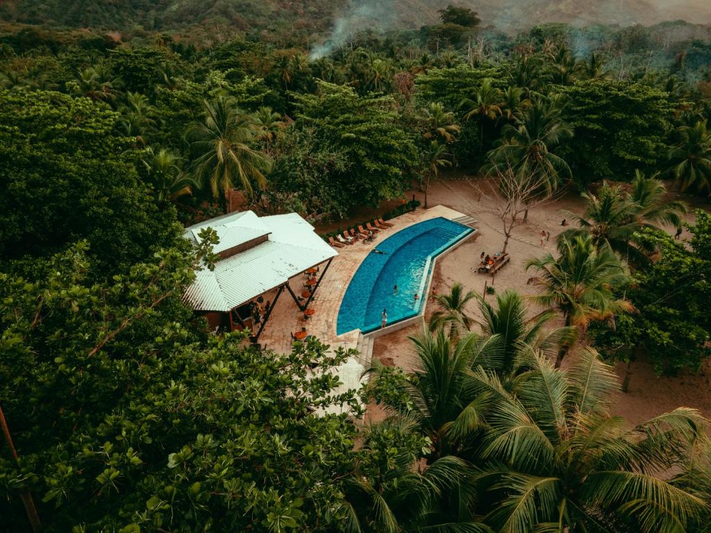 伯里塔卡Viajero Tayrona Hostel & Ecohabs的享有带游泳池的度假村的空中景致