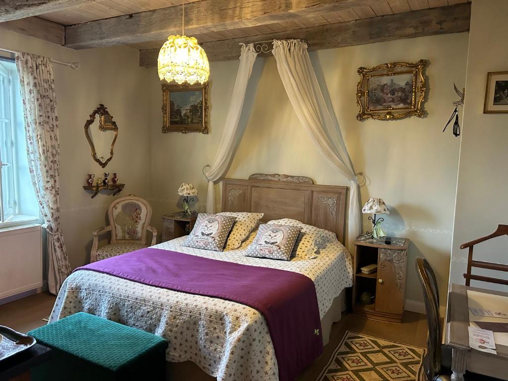 埃皮纳勒Le Château de Failloux Piscine interieure Sauna的一间卧室配有一张床和一个吊灯
