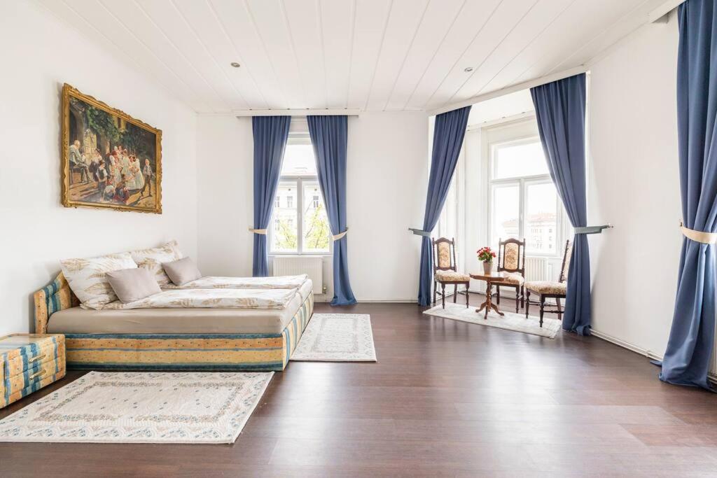 维也纳Charming spacious apartment的带沙发和蓝色窗帘的客厅