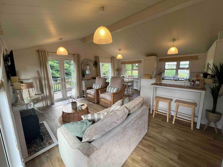 韦伯恩Waterside Lodge, Weybourne, Holt的带沙发的客厅和厨房