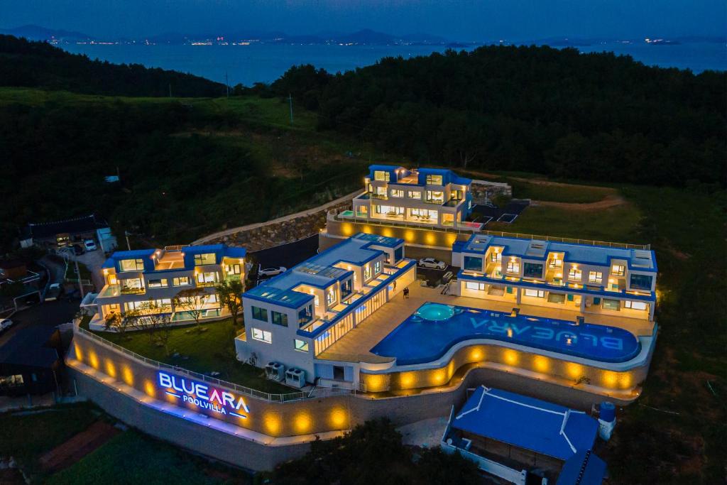 丽水市Yeosu Blueara Premium Pool Villa的享有带游泳池的大房子的空中景致