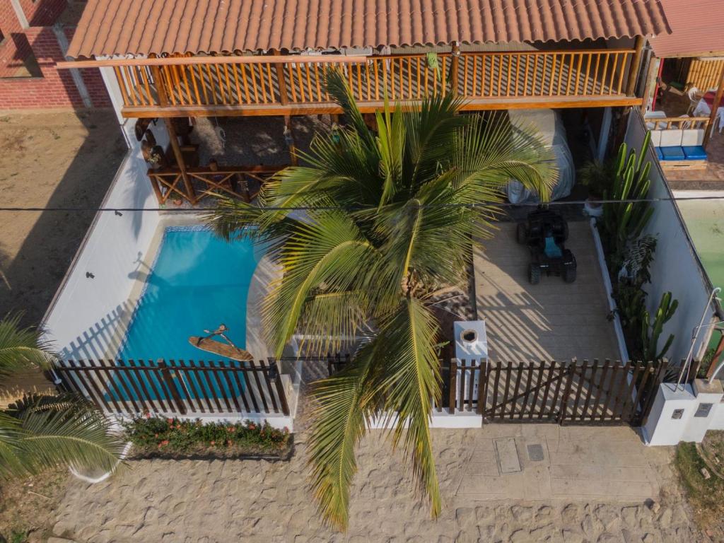 索里托斯Salv lodge casa frente al mar的游泳池旁棕榈树的顶部景色