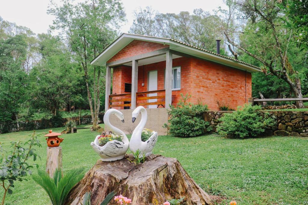 本图贡萨尔维斯Pousada do Bosque Bento的两个天鹅坐在房子前面的树 ⁇ 上