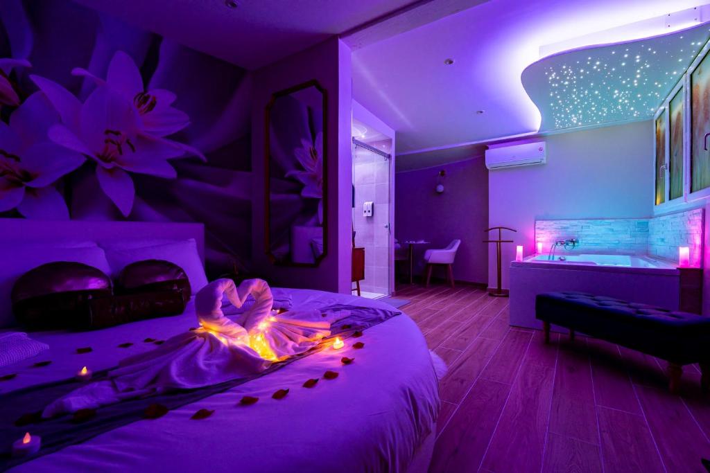 拉西约塔Studio romantique jacuzzi ou spa balneo privatif et jardin Au temps des cerises La Ciotat的紫色卧室配有一张床和一个浴缸