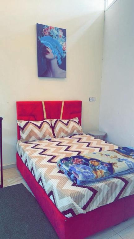 Derouaplanet house的一间卧室配有一张红色床头板的床